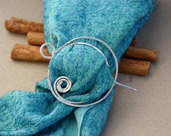 Hair Pin Scarf Pin Sterling Silver  Large Silver Circle Swirl Shawl Pin. Handmade. Knit fashion Accessory. Knit. Crochet.