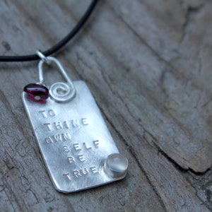 To Thine Own Self Be True. Shakespeare Necklace Sterling silver. Inspirational poems birthstone Hand stamped. Quote. Red Stone Garnet image 6