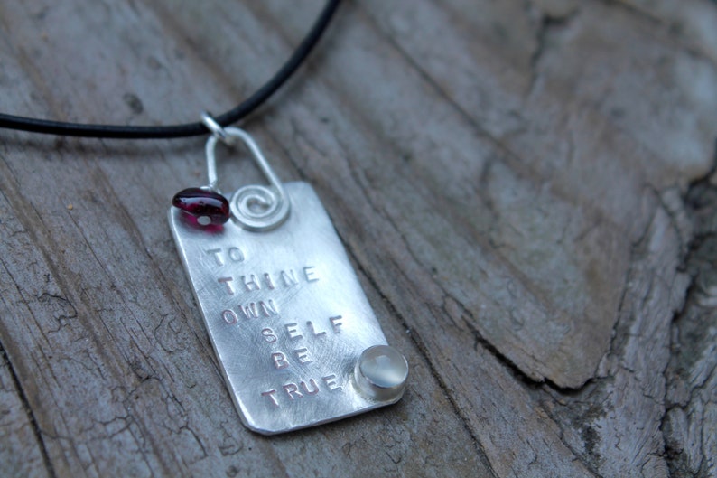 To Thine Own Self Be True. Shakespeare Necklace Sterling silver. Inspirational poems birthstone Hand stamped. Quote. Red Stone Garnet image 6