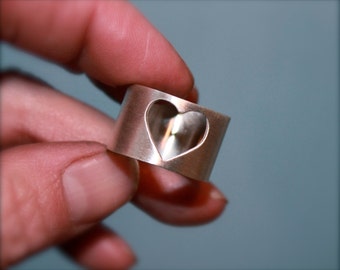 Heart ring. Handmade sterling silver cigar band ring.Silver Heart ring. Simple clean design.Wide band. Minimalist.