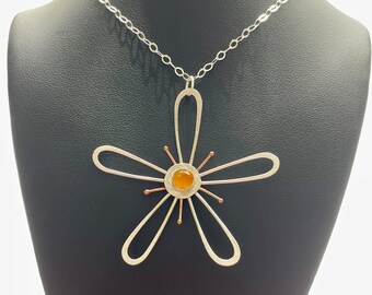 Flower Necklace Mixed Metal Silver and Copper with Stone