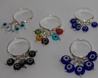 Evil Eyes Dangle Ring - Protection Amulet - Blue Evil Eyes - Multi - Rainbow- Red - White - Black - Charm - Sterling Silver 