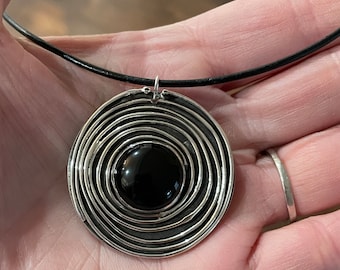 Large Black Onyx sterling silver Circle pendant. Good energy Swirl of Silver Wire around stone Necklace.