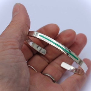 Thin Green Line bracelet for military, park rangers, conservation border patrol Sterling silver Inlay Stamped name badge number wife husband