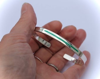 Thin Green Line bracelet for military, park rangers, conservation border patrol Sterling silver Inlay Stamped name badge number wife husband