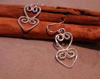 Hearts earrings Sterling silver Two swirly hearts Hammered texture design wedding couple mom mother two kids Gift for her grandmother Aunt