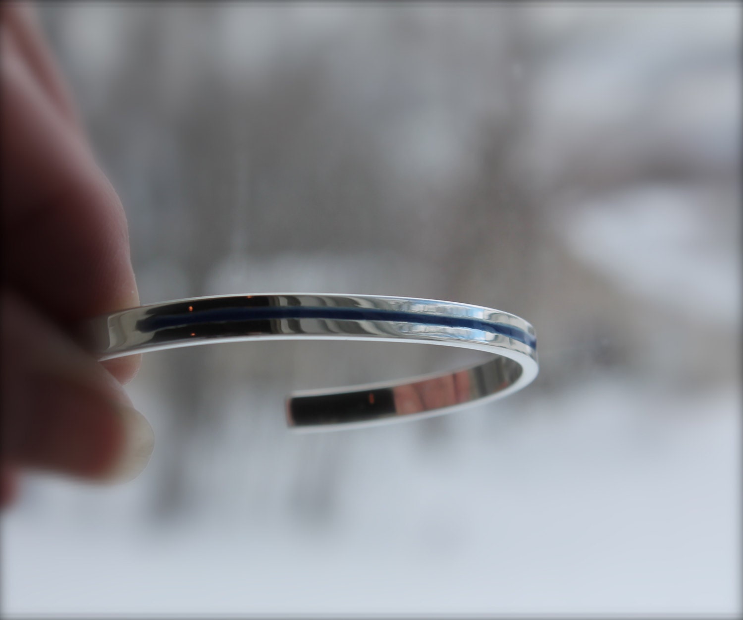 Thin Blue Line Police Bracelet Sterling Silver Inlay Stamped Etsy