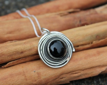 Black Onyx sterling silver Circle pendant. Good energy Swirl of Silver Wire around stone Necklace. Black jewerly. Gift for her.