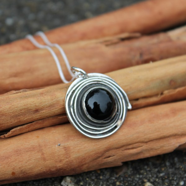 Black Onyx sterling silver Circle pendant. Good energy Swirl of Silver Wire around stone Necklace. Black jewerly. Gift for her.