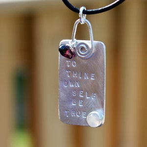 To Thine Own Self Be True. Shakespeare Necklace Sterling silver. Inspirational poems birthstone Hand stamped. Quote. Red Stone Garnet image 5