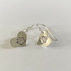 Paw Print on Heart or Circle sterling silver earrings Pet lover dogs cats paws small earring Hand stamped rescue family
