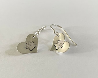 Paw Print on Heart or Circle sterling silver earrings Pet lover dogs cats paws small earring Hand stamped rescue family