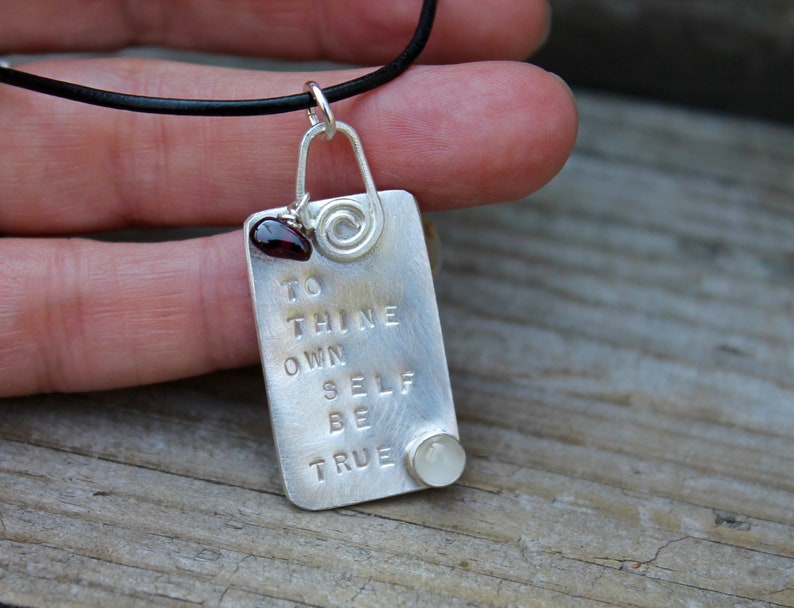 To Thine Own Self Be True. Shakespeare Necklace Sterling silver. Inspirational poems birthstone Hand stamped. Quote. Red Stone Garnet image 4