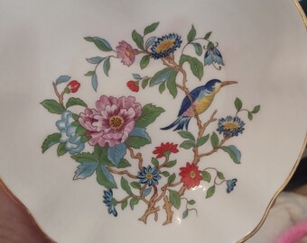 Aynsley Open Heart-Shaped Dish Bowl Pembroke Blue Bird Pink Floral Gold 5" Red