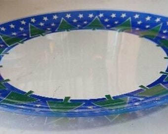 Behrenberg 13" Glass Round Platter Stars Trees Blue Green Christmas Plate Holida
