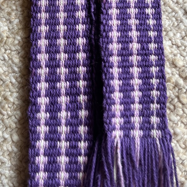 Item #22-195-8 Purple, Lavender, and White Handwoven Inkle Loom 1" x 70" Trim is 100% Cotton.