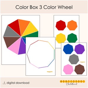 May include: A digital download titled Color Box 3 Color Wheel featuring printable sheets with octagonal shapes in red, orange, yellow, green, blue, purple, gray, pink, and brown. Includes a color wheel diagram and an outlined shape template.