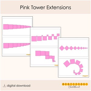 May include: A digital download titled Pink Tower Extensions featuring educational activity sheets with pink square graphics arranged in various sequences, lines, and spiral patterns on white backgrounds, including the text Montessori Childhood.