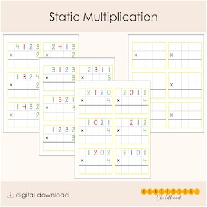 May include: A set of educational worksheets titled Static Multiplication featuring multiple math problems with colorful numbers arranged in yellow grids. Each problem includes a multiplication sign and empty boxes for calculations. The document is a digital download.