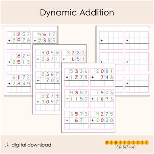 May include: A set of printable worksheets titled Dynamic Addition featuring maths problems with four-digit numbers in colourful ink. The pages include grids for solving addition equations, some pre-filled with numbers and others left blank for practice.