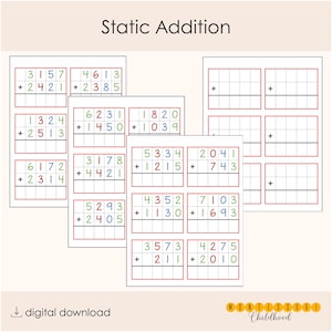 Puede incluir: Un conjunto de hojas de trabajo educativas tituladas Static Addition con cuadrículas para problemas de suma de cuatro dígitos. Los números están impresos en tinta verde, roja y azul dentro de cajas con bordes rojos.