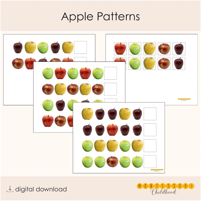 May include: Educational printable sheets titled Apple Patterns featuring rows of red, yellow, and green apple illustrations. Each row includes empty white boxes for pattern completion. The text Apple Patterns and digital download are visible.