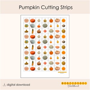 Może przedstawiać: Arkusz do druku zatytułowany Pumpkin Cutting Strips przedstawiający siatkę ilustracji dyń w odcieniach pomarańczu, zieleni i bieli. Strona zawiera przerywane linie pionowe między kolumnami, przeznaczone do ćwiczeń wycinania.