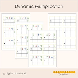 May include: A set of educational worksheets titled Dynamic Multiplication featuring grids for multi-digit math problems. The pages contain rows of multiplication equations with colorful numbers in a grid format and a digital download icon.