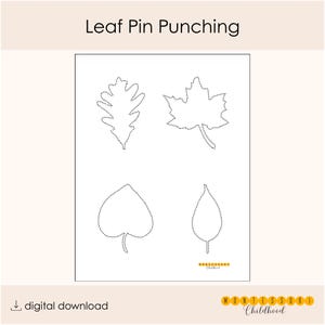 Puede incluir: Una hoja imprimible blanca titulada Leaf Pin Punching que presenta cuatro contornos punteados negros de diferentes formas de hojas. El documento incluye el texto Montessori Childhood en la parte inferior y un icono de descarga digital.