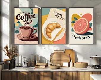 Conjunto de arte de parede para cozinha retrô, café, croissant, toranja, pôsteres para impressão em estilo vintage, download digital, arte de parede moderna, impressão digital
