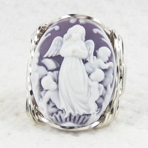 Guardian Angel Cherubs Purple Cameo Ring Sterling Silver Custom Jewelry