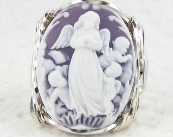 Guardian Angel Cherubs Purple Cameo Ring Sterling Silver Custom Jewelry