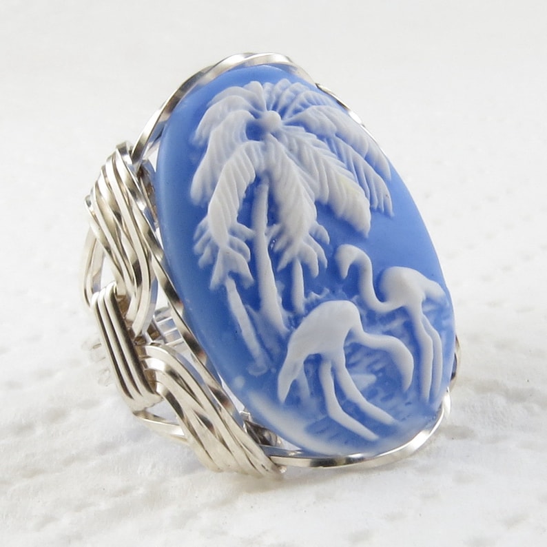 Flamingo Bird Cameo Ring .925 Sterling Silver Jewelry Blue Resin Size Selectable