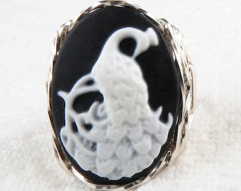 White Peacock Cameo Ring Sterling Silver Custom Jewelry