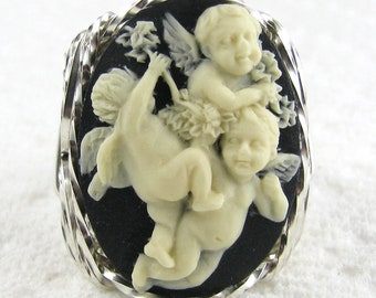 Baby Angel Cherubs Cameo Ring Sterling Silver Custom Jewelry