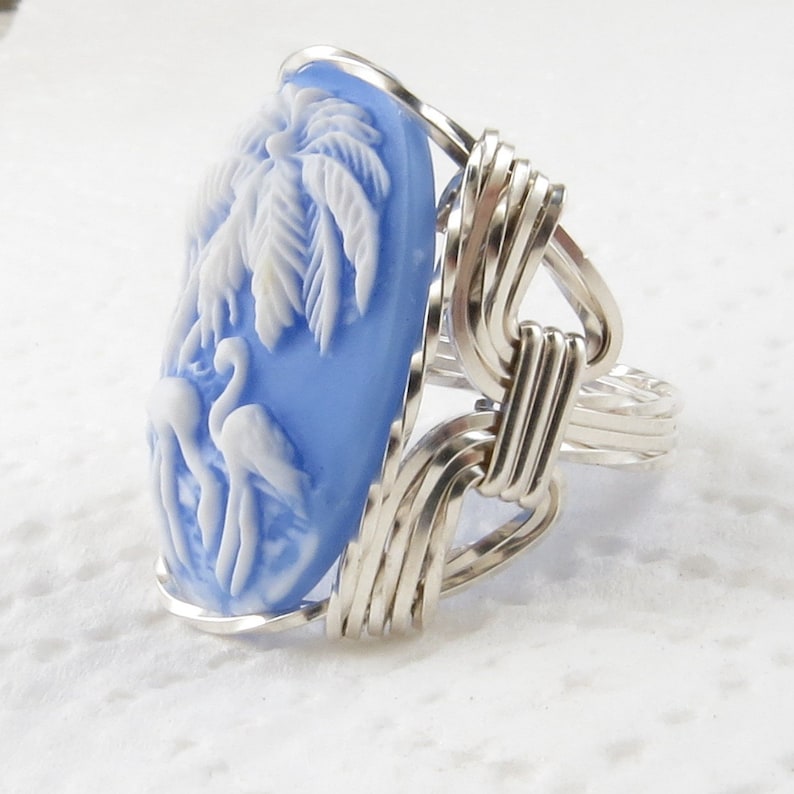 Flamingo Bird Cameo Ring .925 Sterling Silver Jewelry Blue Resin Size Selectable