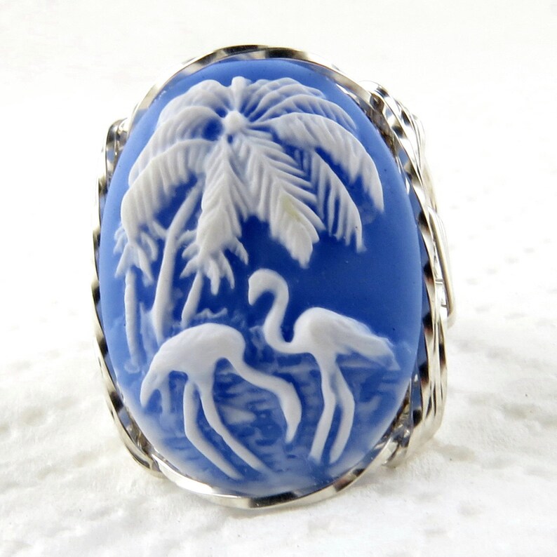 Flamingo Bird Cameo Ring .925 Sterling Silver Jewelry Blue Resin Size Selectable