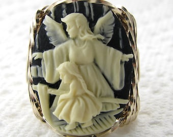 Guardian Angel Child Cameo Ring 14K Rolled Gold Jewelry