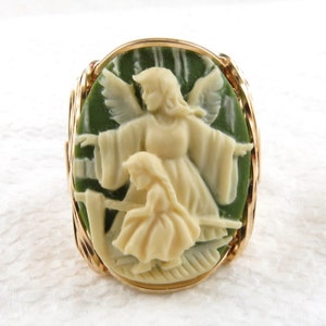 Guardian Angel Child Green Cameo Ring 14K Rolled Gold Jewelry