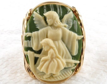 Guardian Angel Child Green Cameo Ring 14K Rolled Gold Jewelry