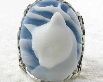 Calla Lily Cat Blue Cameo Ring Sterling Silver Custom Jewelry