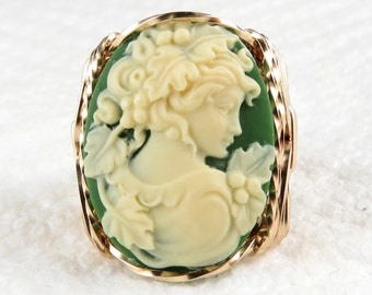 Grecian Goddess Grapes Cameo Ring 14Kt Rolled Gold Custom Jewelry