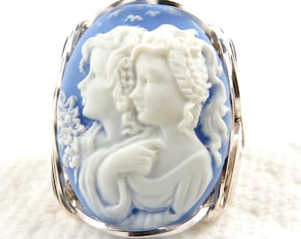 Sister Friends Blue Cameo Sterling Silver Ring Custom Jewelry