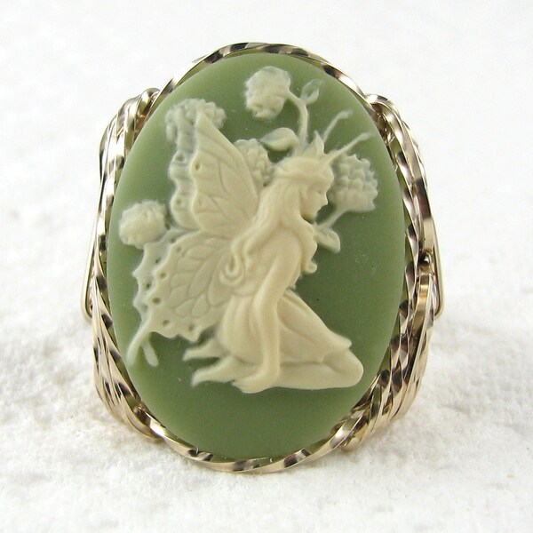 Butterfly Fairy Green Cameo Ring 14K Roulé Or Bijoux Personnalisés