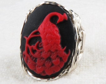 Red Peacock Cameo Ring Sterling Silver Custom Jewelry