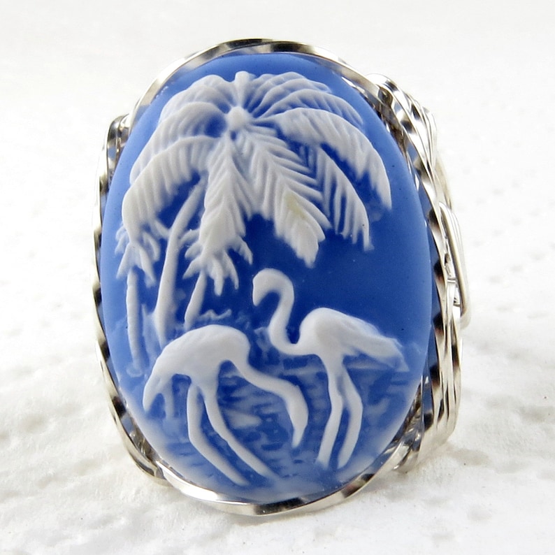 Flamingo Bird Cameo Ring .925 Sterling Silver Jewelry Blue Resin Size Selectable