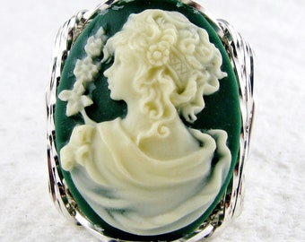 Flower Goddess Green Cameo Ring Sterling Silver Custom Jewelry