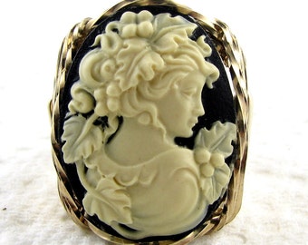 Grecian Goddess Grapes Cameo Ring 14tK Rolled Gold Custom Jewelry