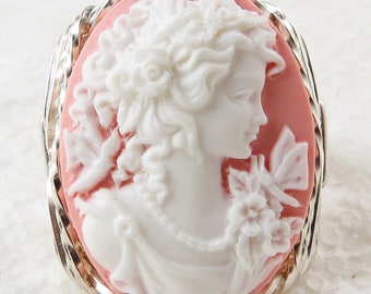 Grecian Goddess Butterfly Pink Cameo Ring Sterling Silver