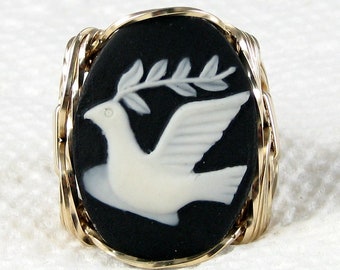 Dove Olive Leaf Cameo Ring 14K Rolled Gold Custom Jewelry